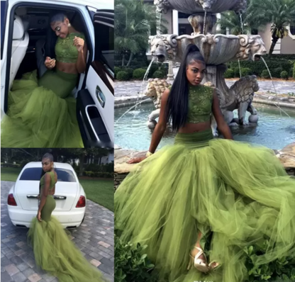 Olive Green Two Pieces Prom Dresses Lace Bodice African Girl Black Girl Evening Dress Y534