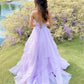 Pink spaghetti straps a line prom dress,layered evening gown,sparkle prom long dress Y1303