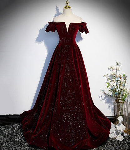 Burgundy velvet long prom dress A line evening dress s53