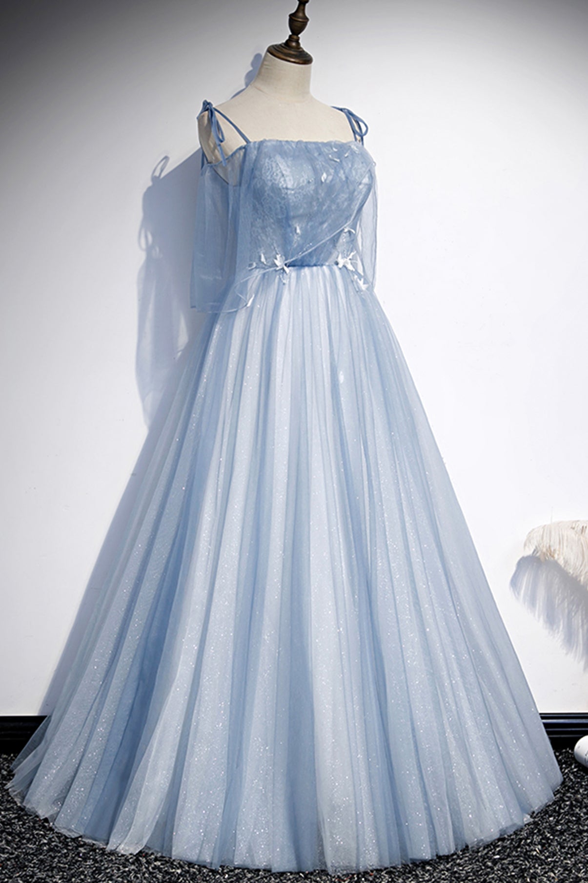 Blue tulle long A line prom dress evening dress s72