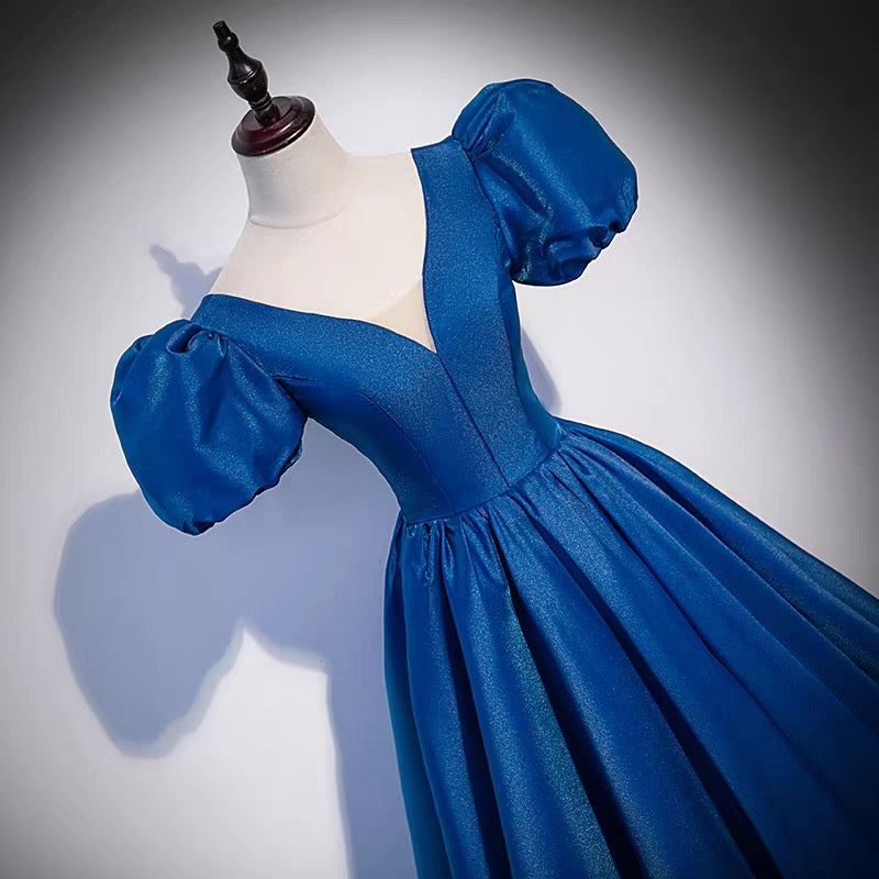 Blue saitn long prom dress A line evening gown s64