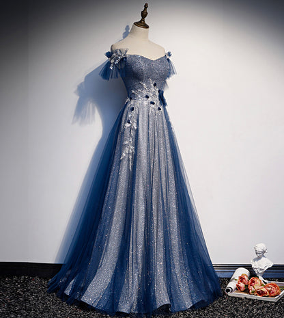 Shiny tulle sequins long prom dress blue evening dress s102