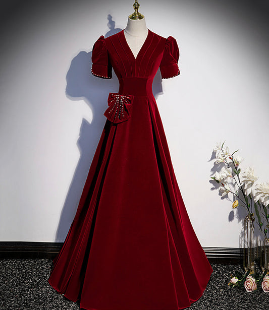 Burgundy v neck long prom dress A line evening dress s54