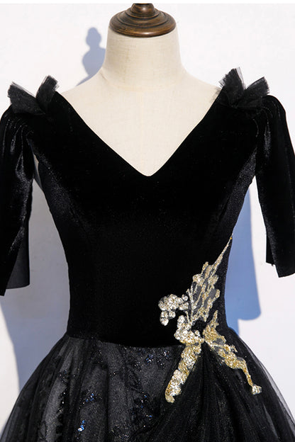 Black velvet lace long prom dress evening dress s103