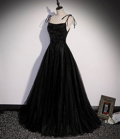 Black tulle beads long prom dress A line evening dress s58