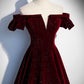 Burgundy velvet long prom dress A line evening dress s53