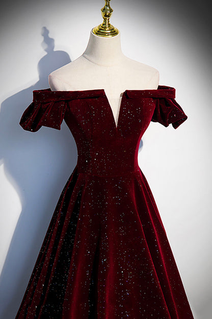 Burgundy velvet long prom dress A line evening dress s53