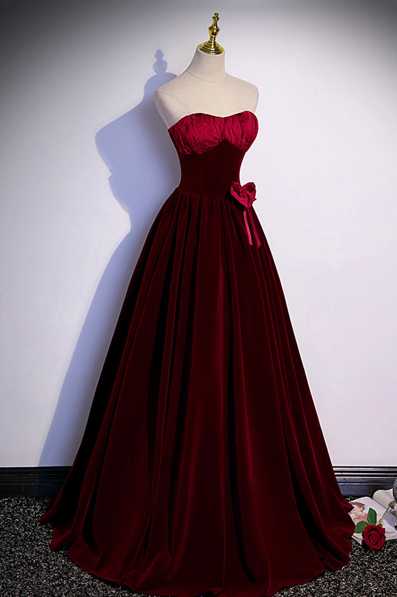 Burgundy velvet long prom dress A-line evening gown s86