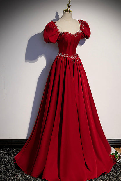 Burgundy A-line satin long prom dress evening dress s85