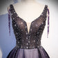 Purple v neck tulle beads long prom dress evening dress s104