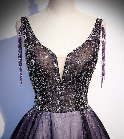 Purple v neck tulle beads long prom dress evening dress s104