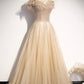 Champagne tulle beads long prom dress formal dress s73