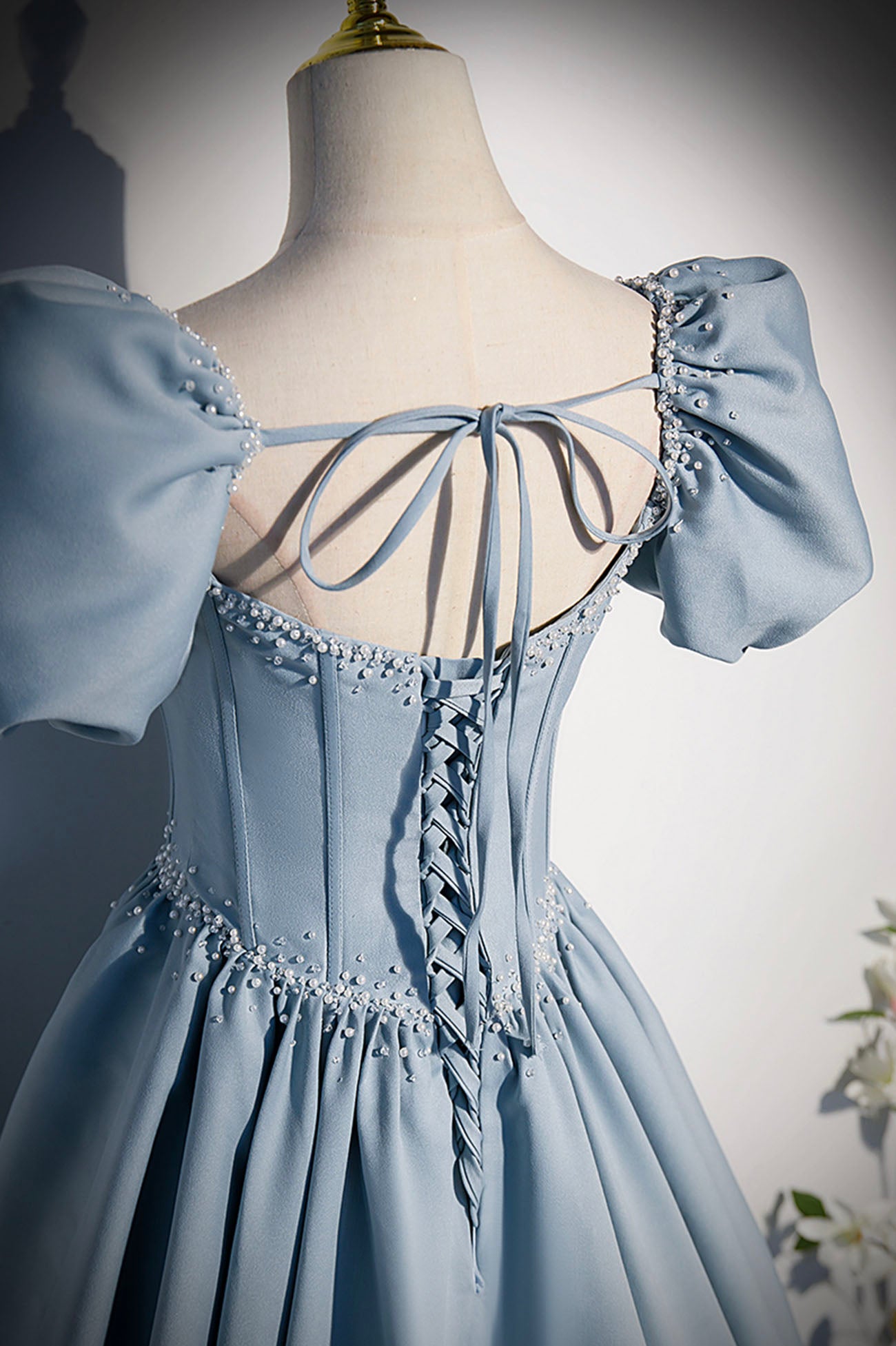 Blue satin pearl long prom dress blue evening dress s52