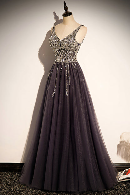 Stylish v neck tulle long prom dress A line evening dress s76