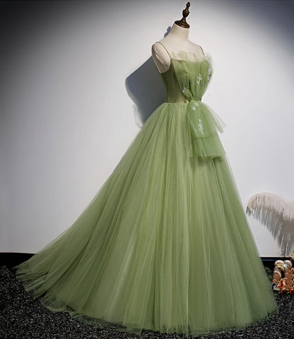 Green tulle long prom dress A line evening dress s56