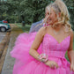 High Low Hot Pink Tiered Prom Dress with Spaghetti Straps Y457