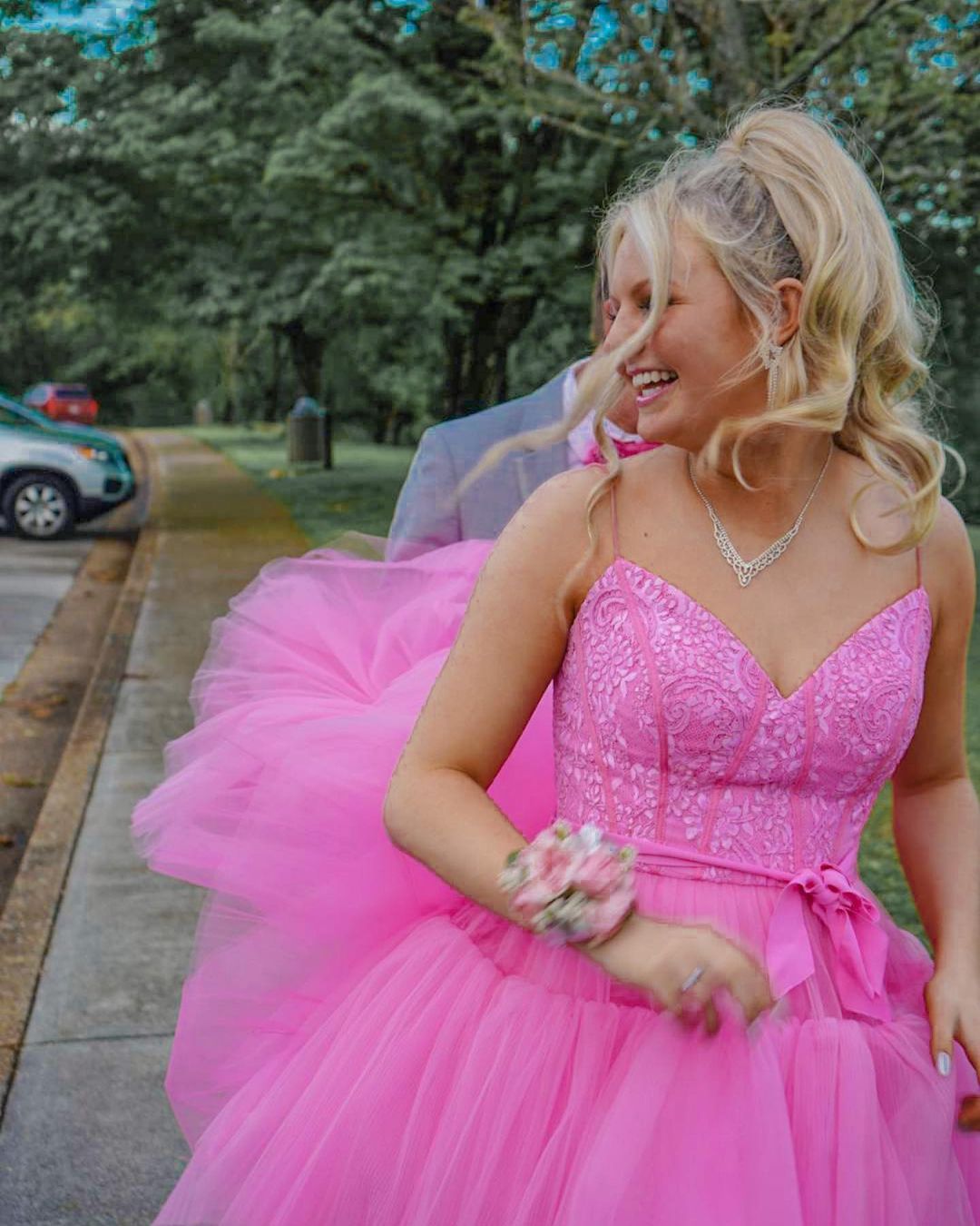 High Low Hot Pink Tiered Prom Dress with Spaghetti Straps Y457