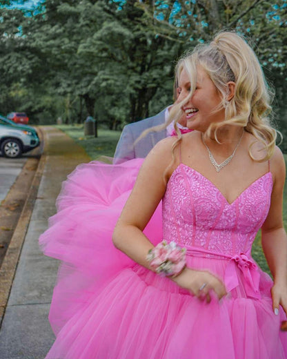 High Low Hot Pink Tiered Prom Dress with Spaghetti Straps Y457