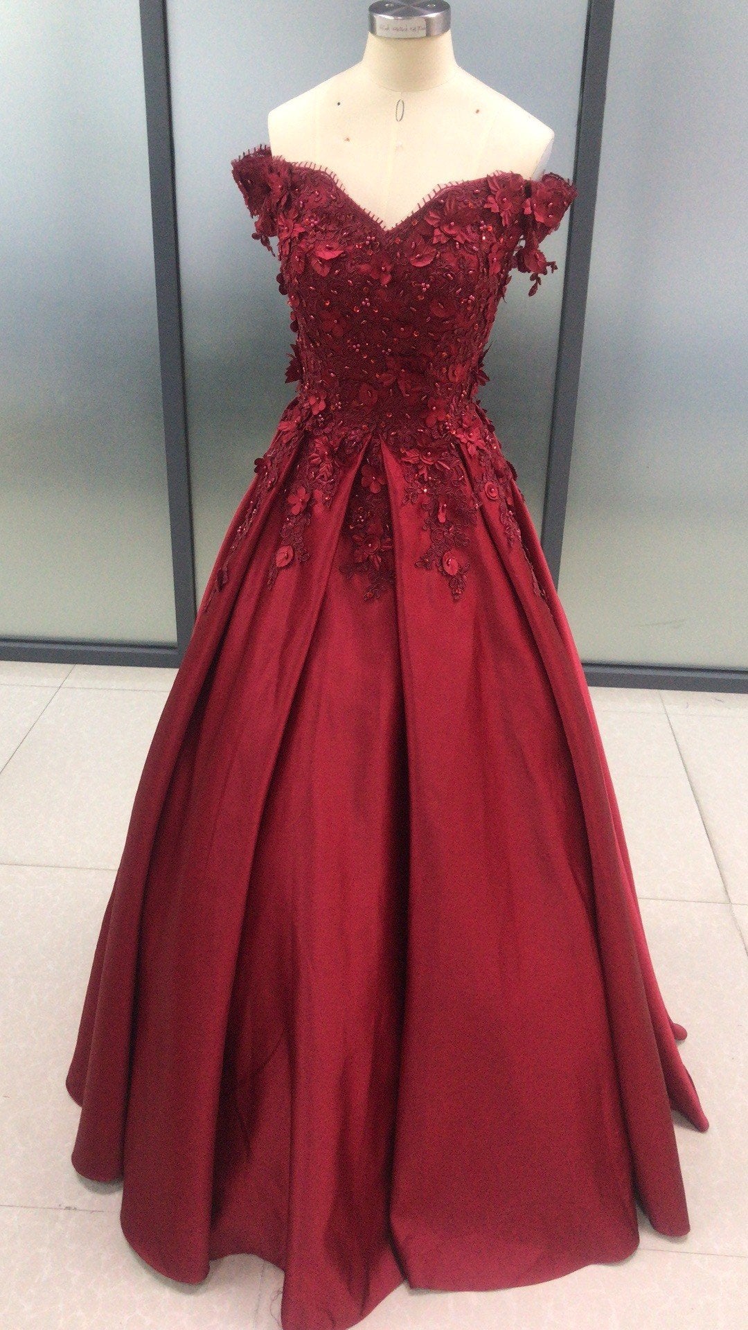Dark Red Satin Off Shoulder Lace Applique Floor Length Prom Dress, Wedding Guest Formal Gowns, Off shoulder Party Dress,Custom Made Y1572