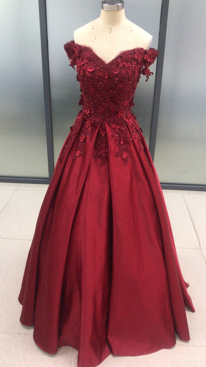 Dark Red Satin Off Shoulder Lace Applique Floor Length Prom Dress, Wedding Guest Formal Gowns, Off shoulder Party Dress,Custom Made Y1572