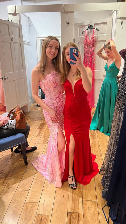 Chic One Shoulder Pink Sequins Evening Dress ,Sparkly Pink Evening Gown Y1633