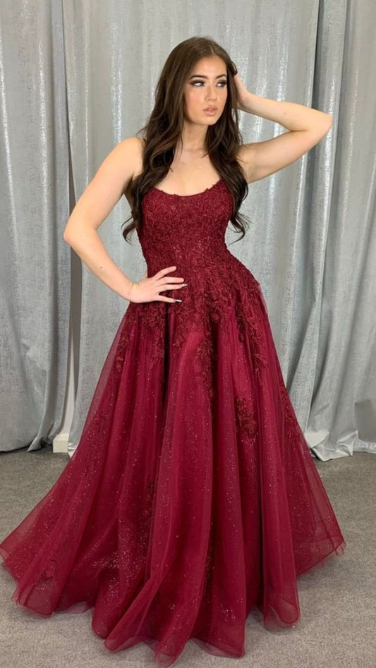 Burgundy tulle lace long prom dress A line evening dress Y1546