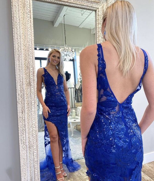 Sexy Royal Blue Applique Prom Dresses V-back Long Evening Formal Gown Y1551