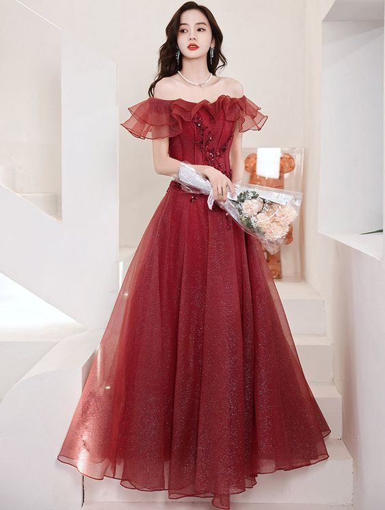 Chic Off Shoulder Sleeveless Burgundy Prom Dress Y1552