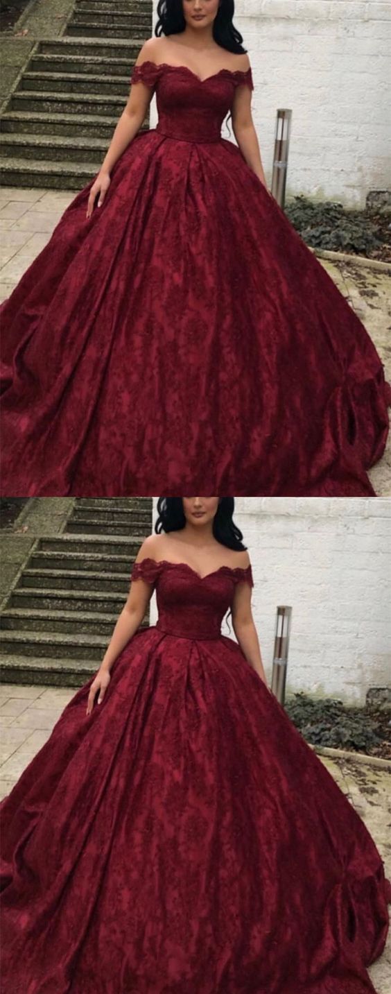 Charming Burgundy Lace Ball Gown Off Shoulder  Wedding Dresses Y1564