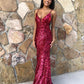 Charming Mermaid V Neck Straps Rose Red Long Evening Party Dresses, Cross Back Prom Dresses Y1543