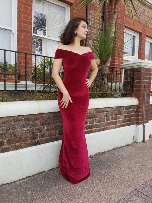 Dark red Velvet off the Shoulder evening Prom Dress Y1561