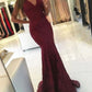Sexy Mermaid Burgundy V Neck Lace Sleeveless Long Prom Dress Y1548