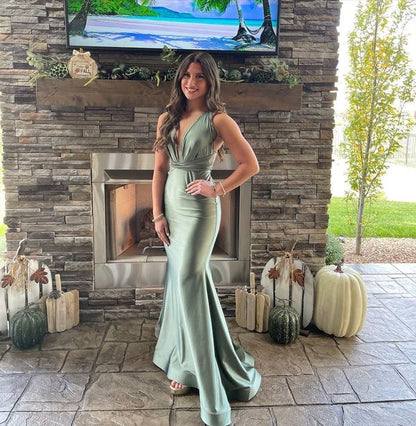 Charming Mermaid V Neck Sage Green Silk Satin Long Bridesmaid Dresses, Simplepromdress Charming Mermaid V Neck Sage Green Silk Satin Long Bridesmaid Dresses, Simplepromdress