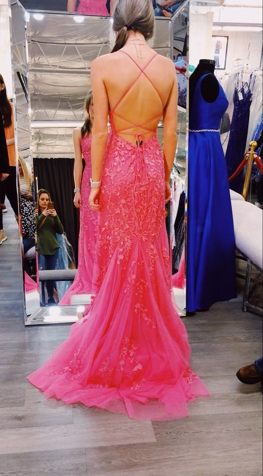 Mermaid Hot Pink Lace Long Prom Dresses, Hot Pink Mermaid Formal Dresses, Hot Pink Lace Evening Dress Y1888