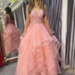 Pink V-Neck Lace Long Prom Dresses, A-Line Pink Evening Dresses Y1885