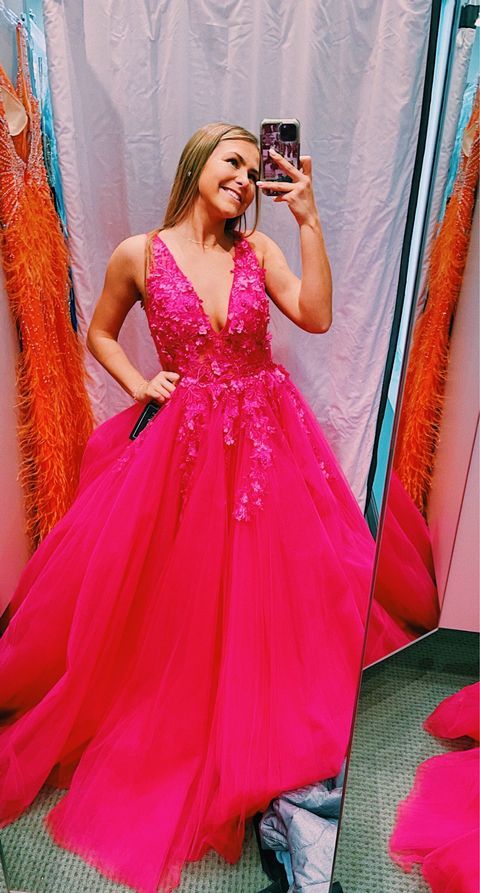 A-line V Neck Tulle Prom Dress,Hot Pink Graduation Dress Y1865