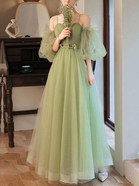 Simple A line Green Long Prom Dress, Green Tulle Bridesmaid Dress Y1857