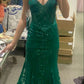 Sexy Mermaid Spaghetti Straps Prom Dresses Green Appliques Evening Dresses Y1852