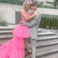 High Low Hot Pink Tiered Prom Dress with Spaghetti Straps Y457