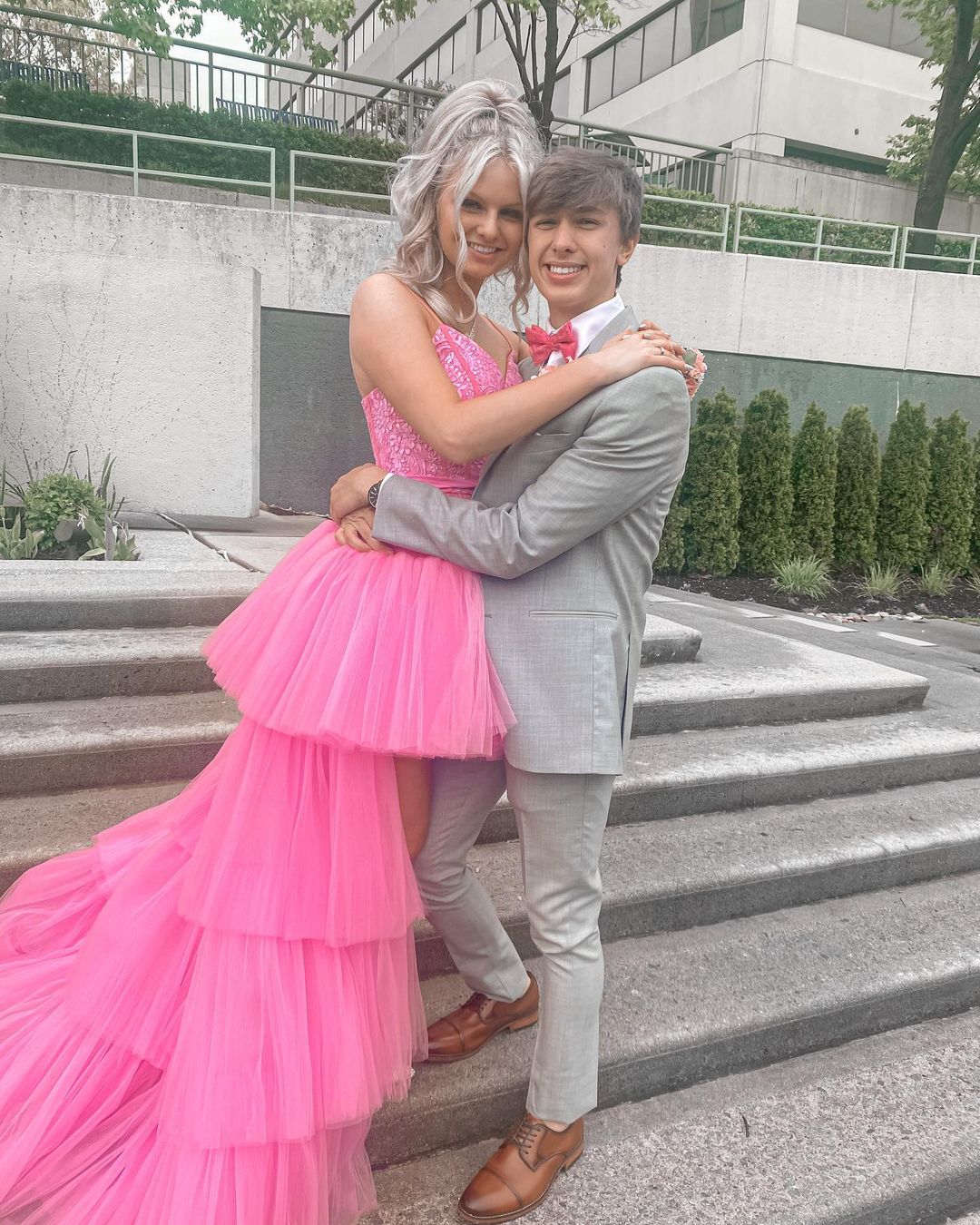 High Low Hot Pink Tiered Prom Dress with Spaghetti Straps Y457