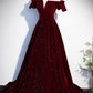 Burgundy velvet long prom dress A line evening dress s53
