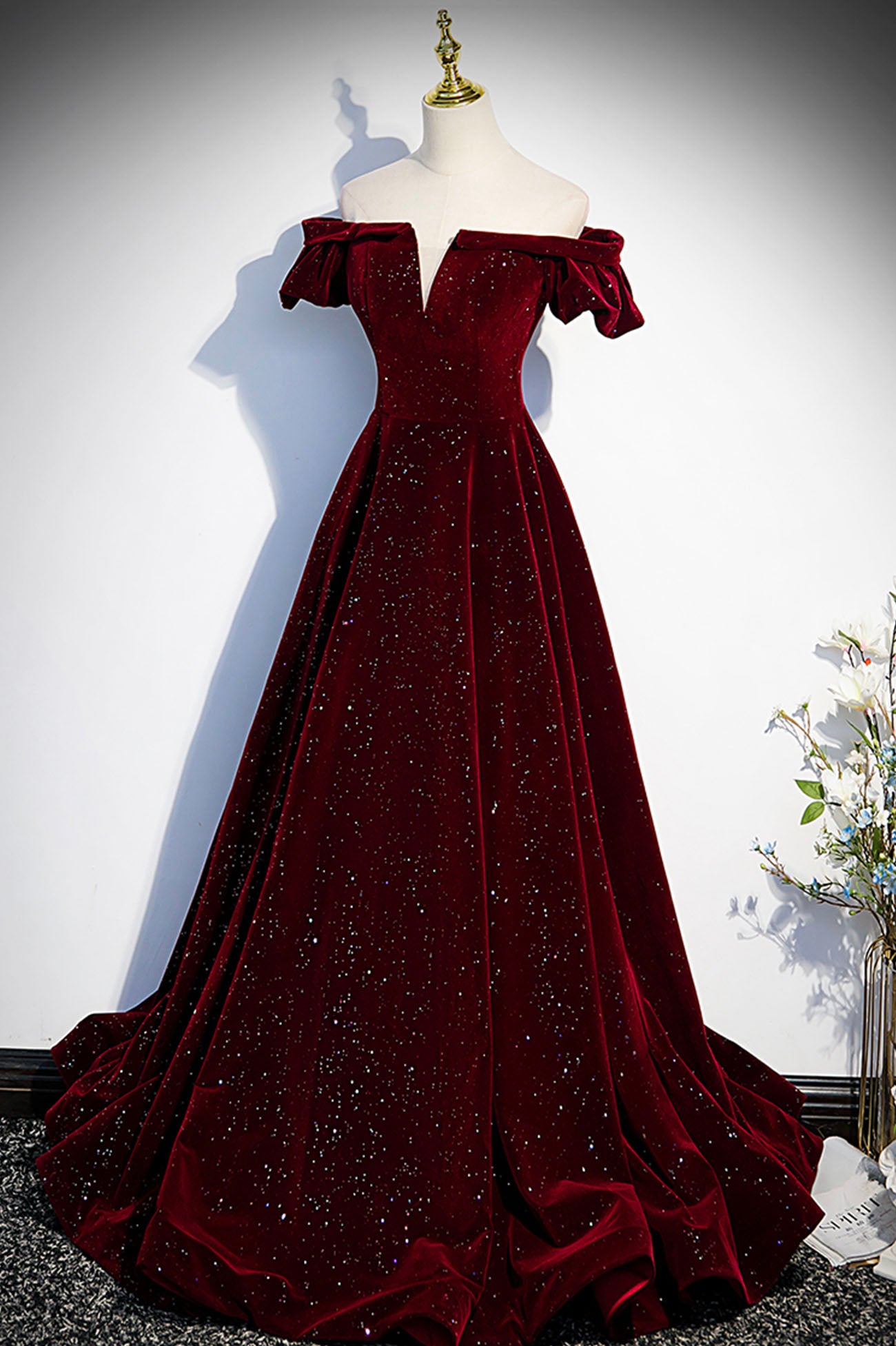 Burgundy velvet long prom dress A line evening dress s53