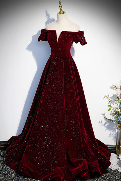 Burgundy velvet long prom dress A line evening dress s53