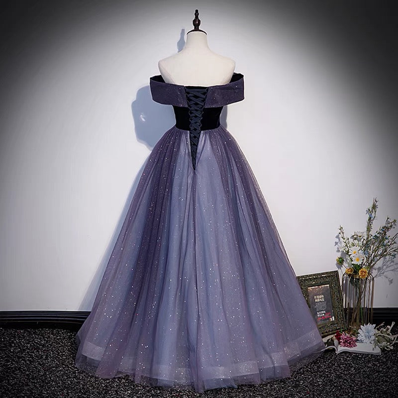 Purple tulle long prom dress A line evening gown s66
