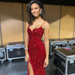 Sparkly Mermaid Sweetheart Red Sequins Long Prom Evening Dresses with Split Y1312