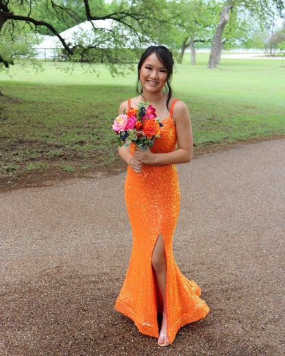 Elegant Mermaid Orange Sequins Long Prom Dress Formal Evening Dresses Y1307