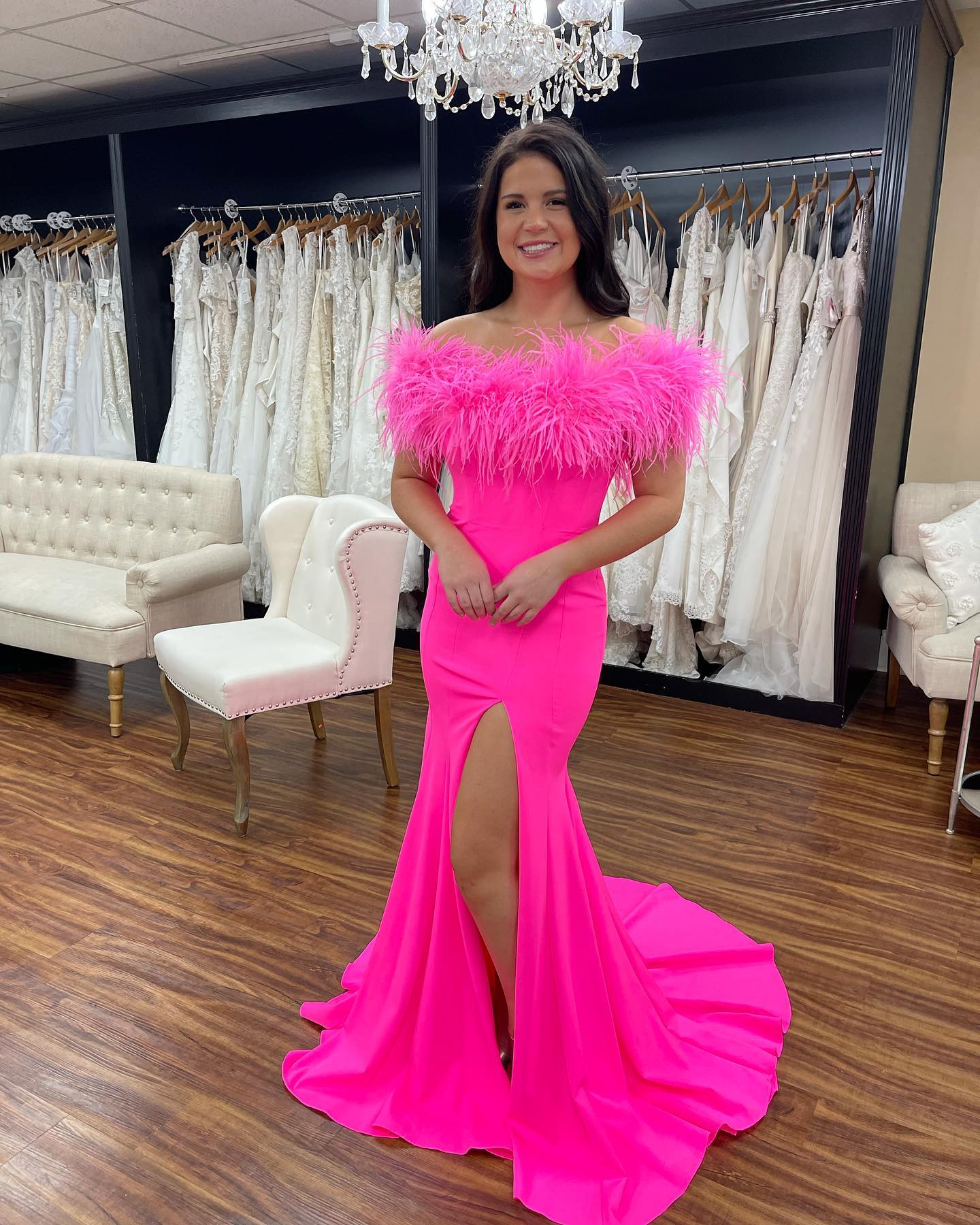 Hot Pink Mermaid Feather Neckline Off the Shoulder Formal Dress Elegant Hot Pink Prom Dress Y1311