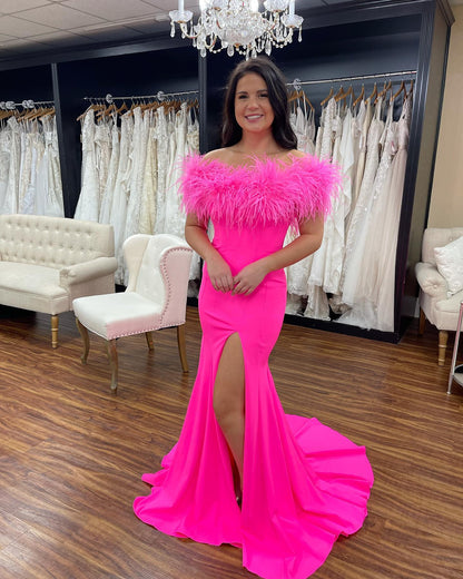 Hot Pink Mermaid Feather Neckline Off the Shoulder Formal Dress Elegan Simplepromdress Hot Pink Mermaid Feather Neckline Off the Shoulder Formal Dress Elegan Simplepromdress