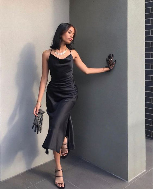 Simple Sheath Cowl Neck Black Tea Length Evening Dresses  Y1322