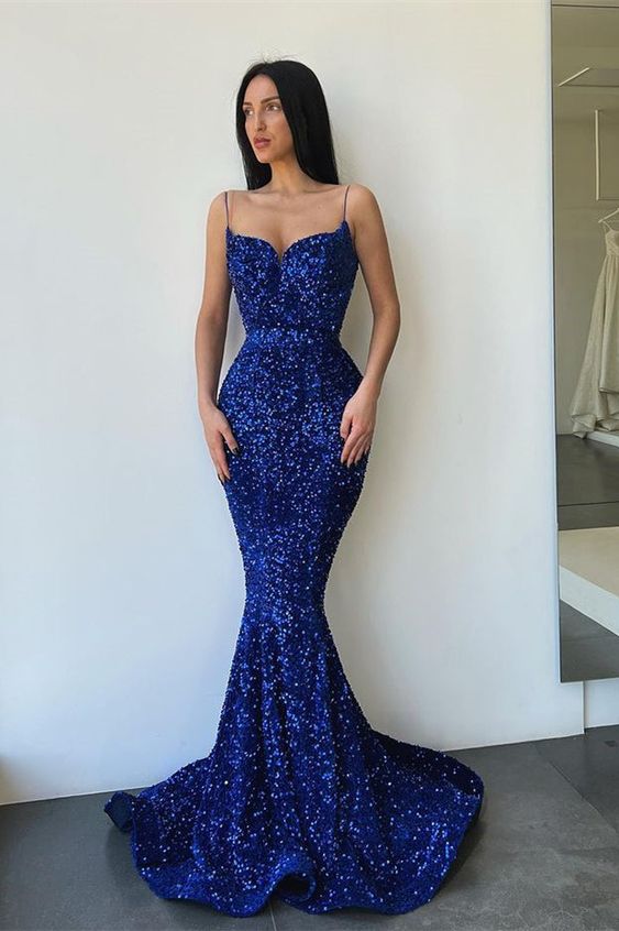 Sparkly Sleeveless Royal Blue Sequined Mermaid Prom Dresses Y1338